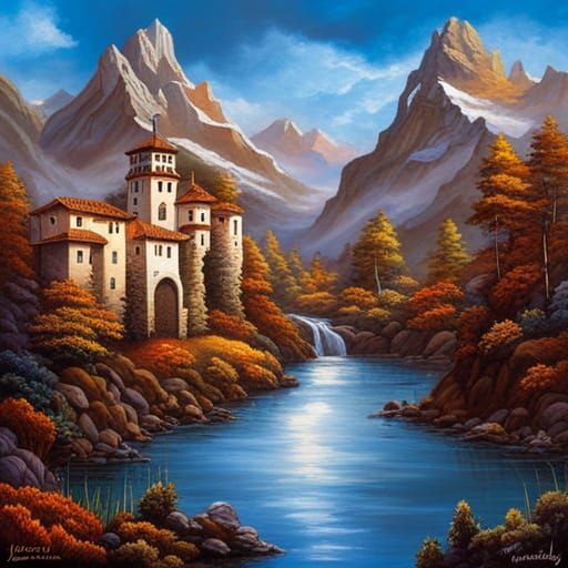 Fantasy Landscape in Gouache Style with Abstract Elements