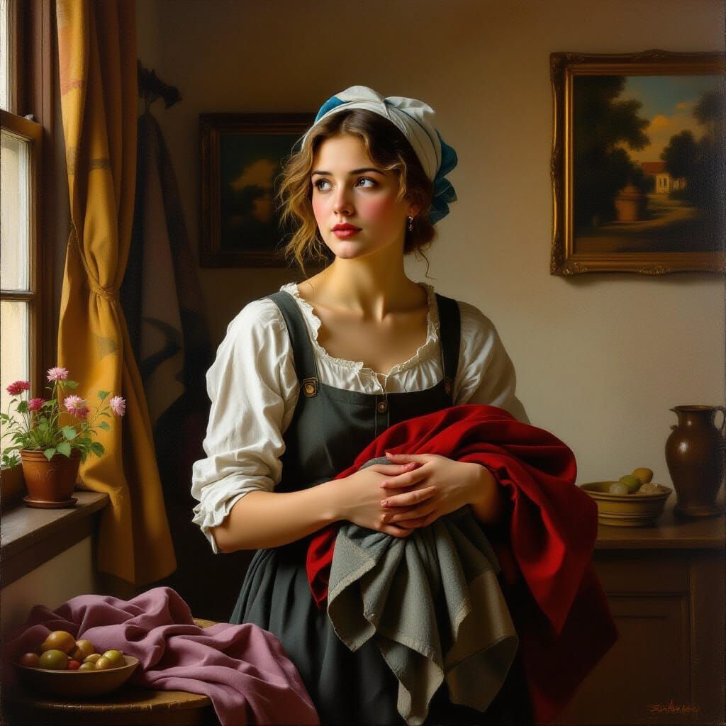 Woman in Cozy Home, Oil Painting Style