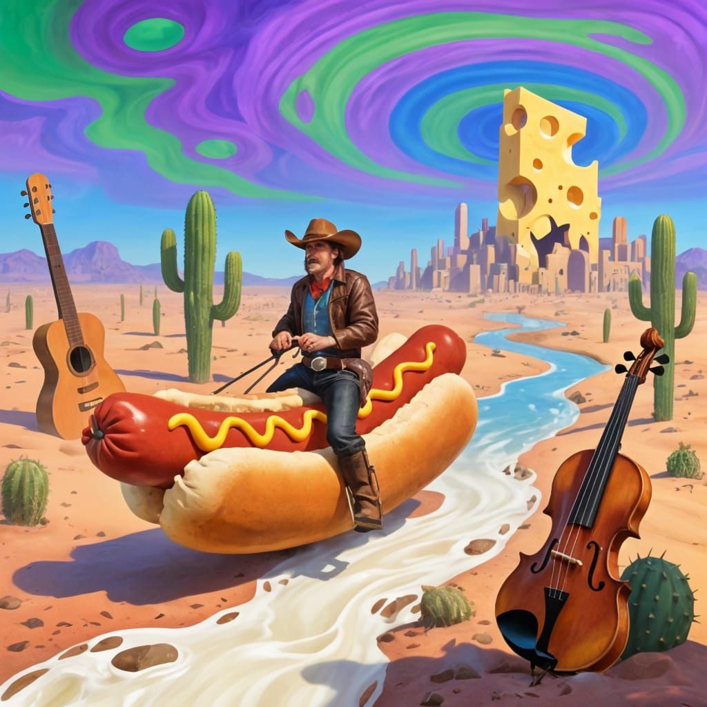 Cowboy Rides Hotdog Through Surreal Desert Landscape