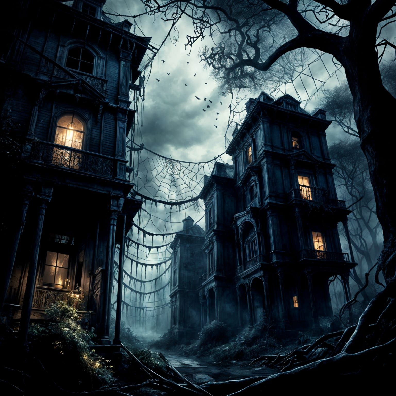 Twilight Horror: Ominous Treehouses in a Dark, Mysterious Wo...