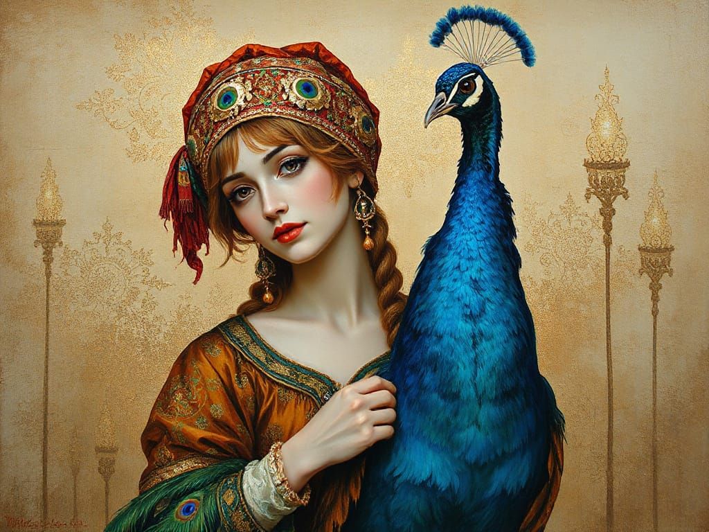 Exquisite Qajar-Era Portrait of a Peacock and Her Mistress