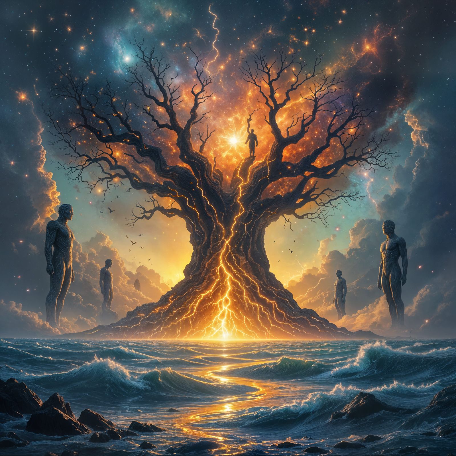 Cosmic Tree Of Galaxies Rising From Stormy Ocean