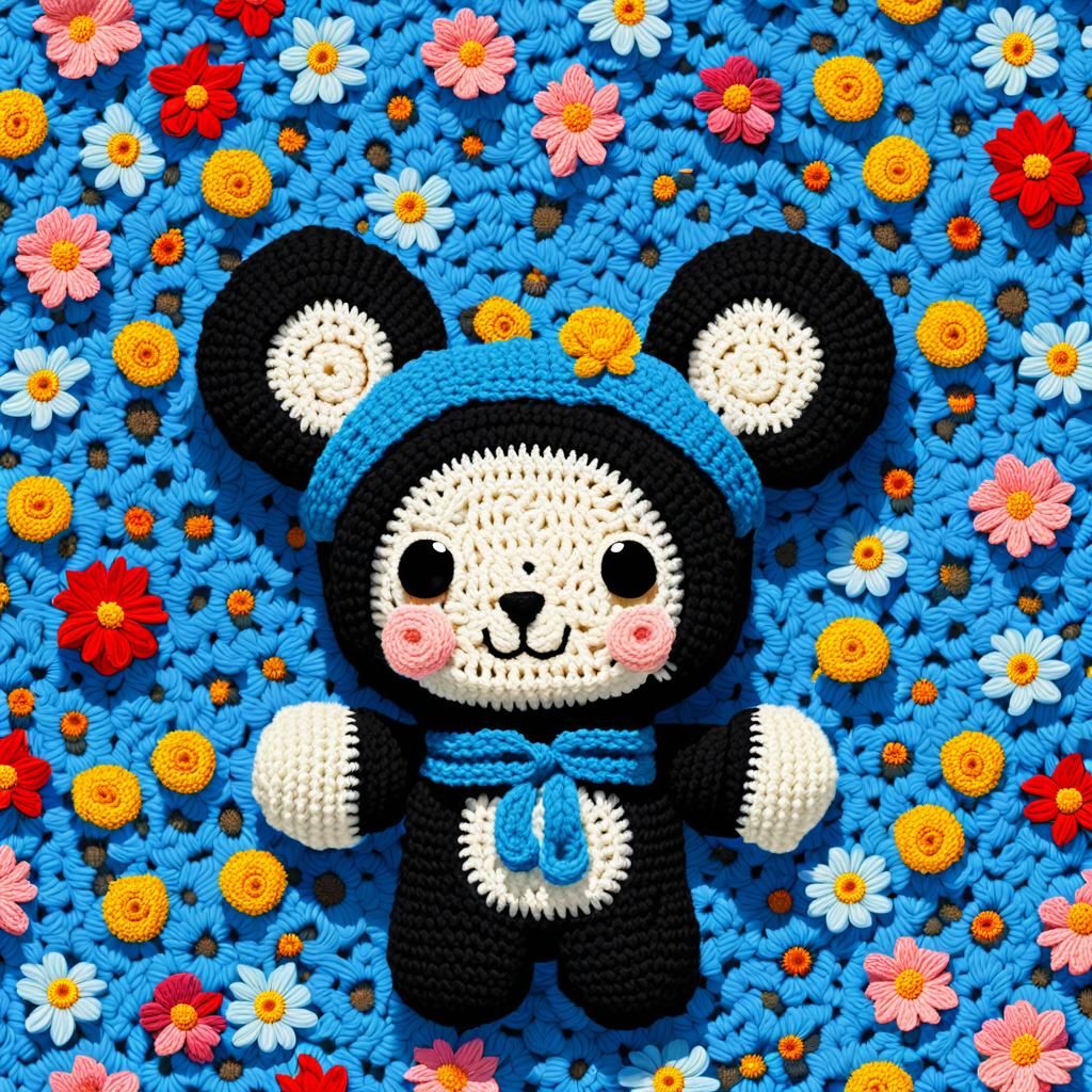 Crocheted Kuromi with Flowers in Pop Art Style