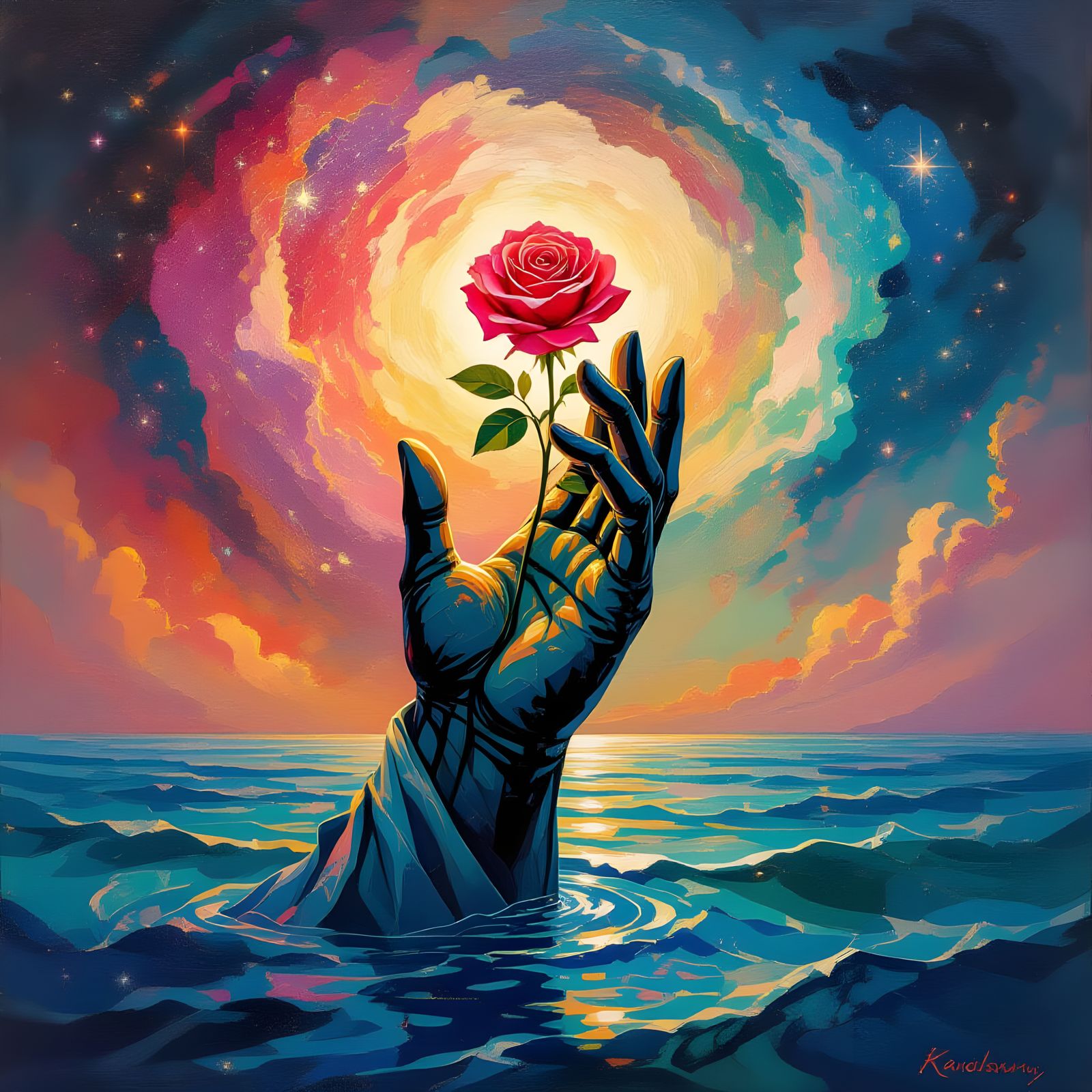 Colossal Stone Hand Emerges from Ethereal Sea