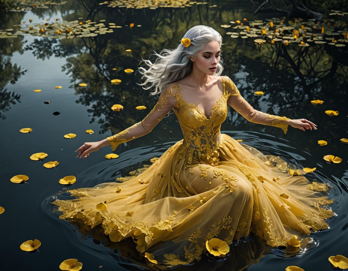 Woman in Yellow Lace Gown in Lake