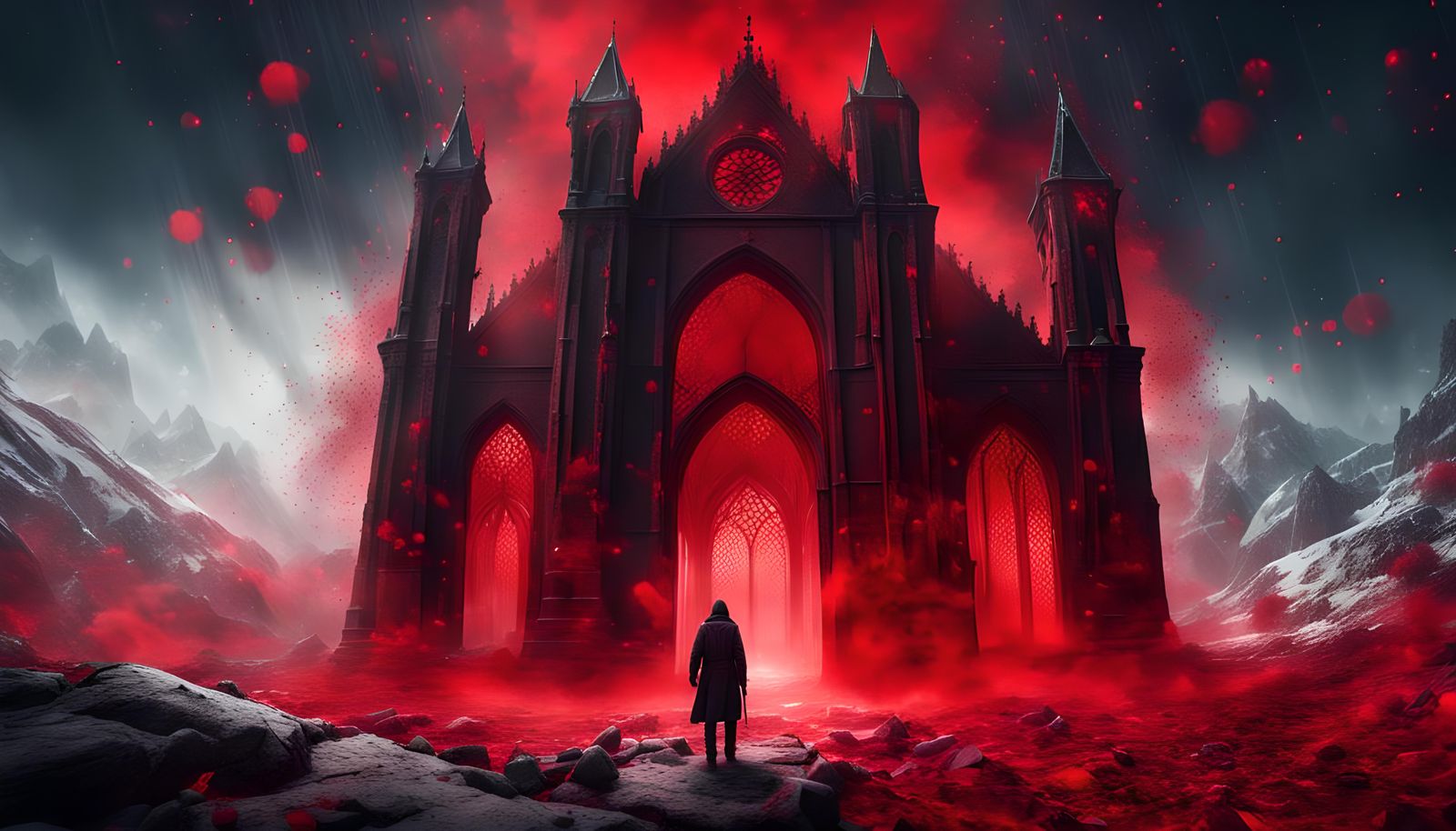 Gothic Landscape: Adventurers in Hellish Red Snowstorm