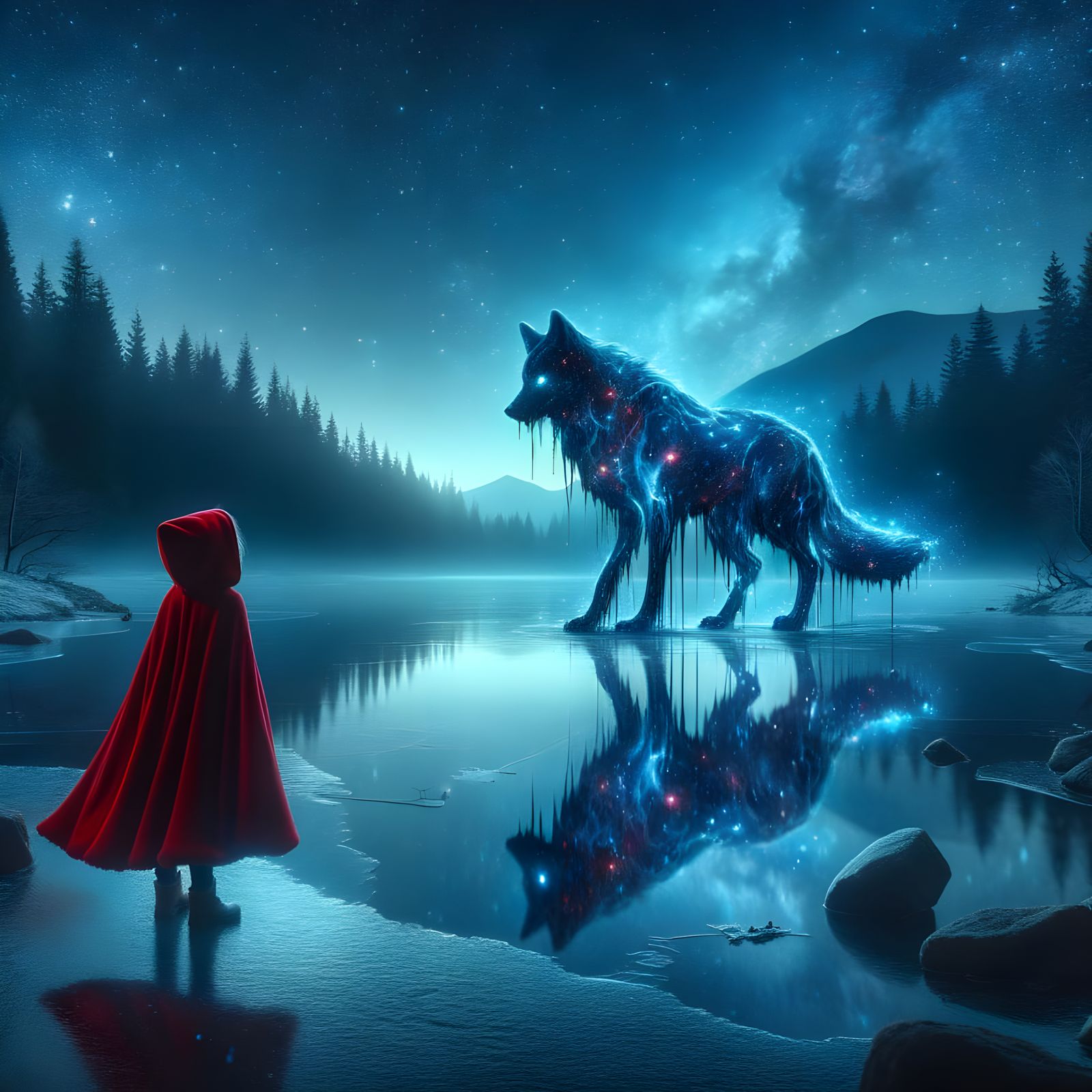 Ethereal Wolf and Child on Frozen Lake