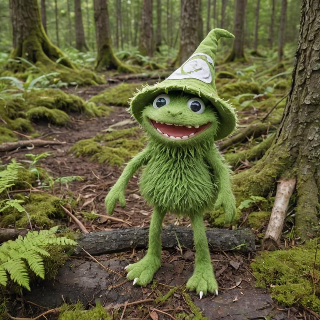 Cute Green Furry Creature in Fairy Tale Forest
