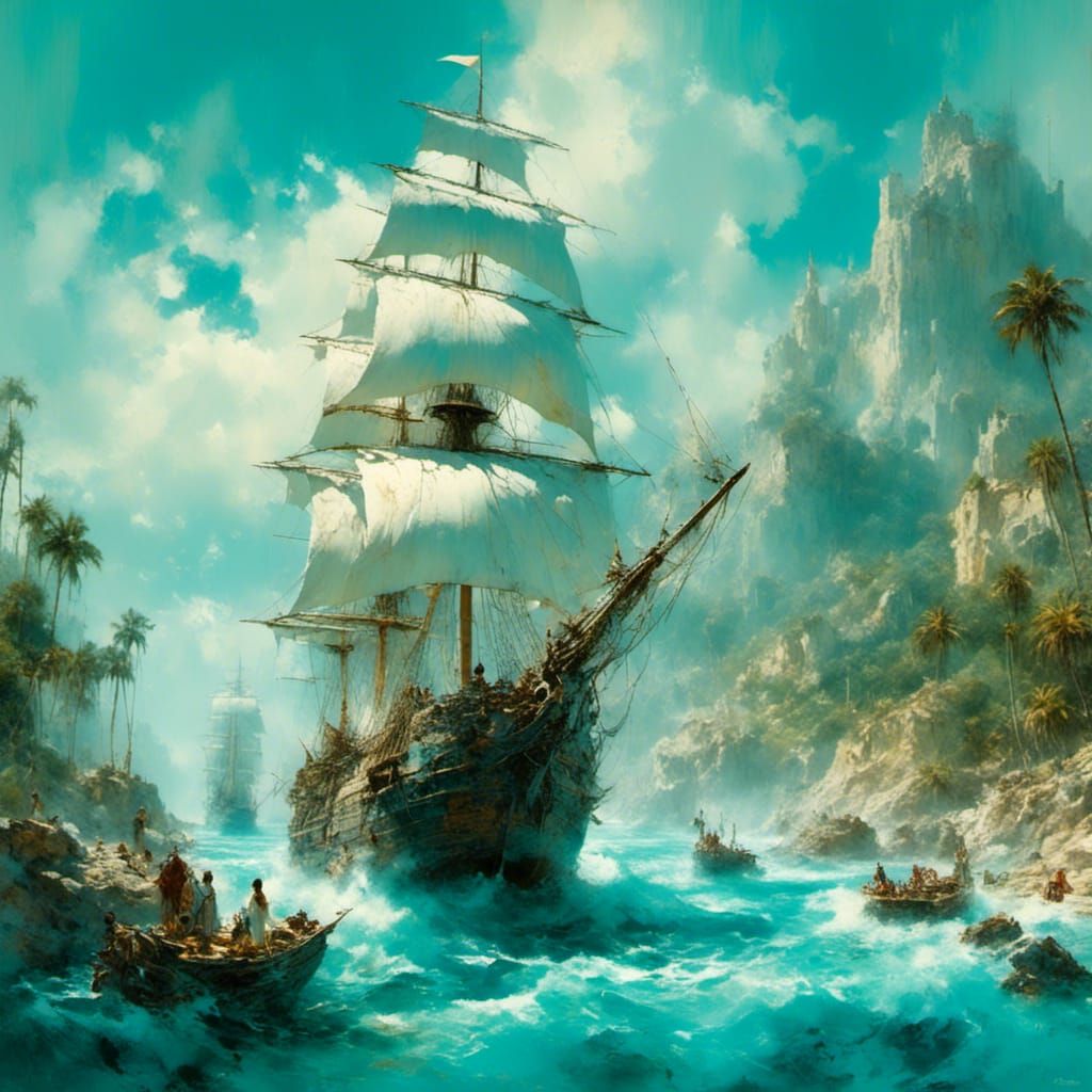Turquoise Sea and Sailing Ship: Watercolor Digital Art