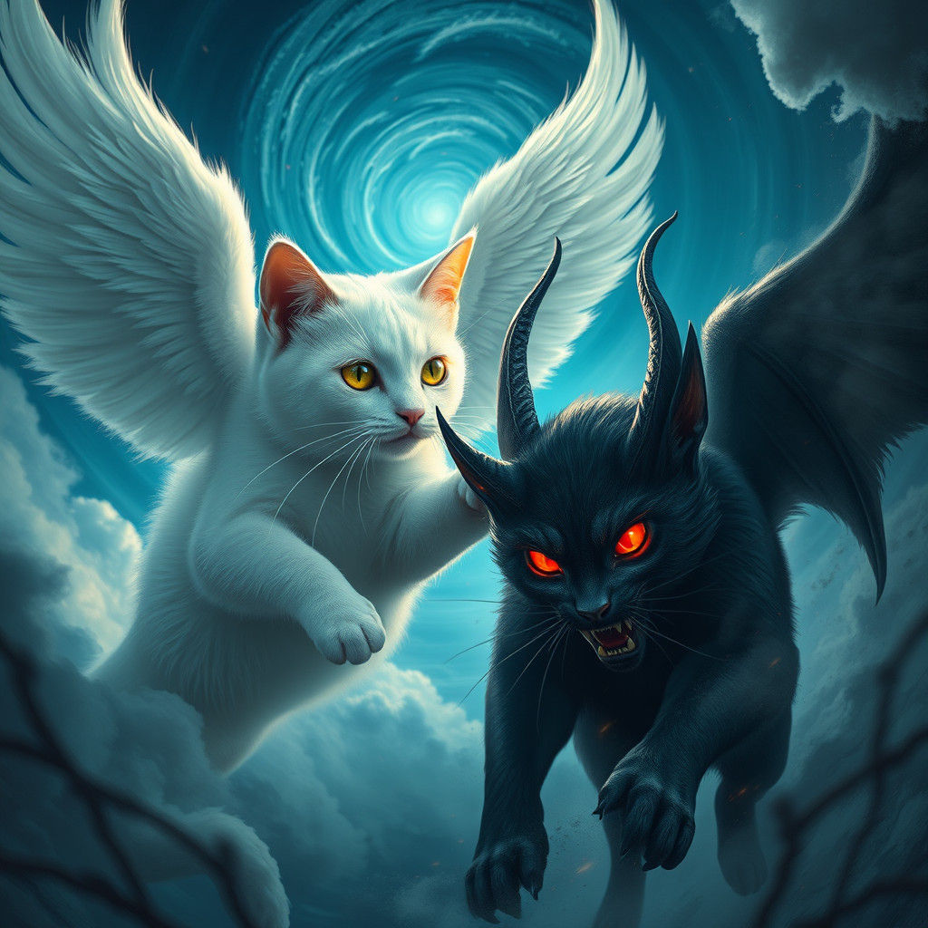 Angel Cat vs Demon Cat in Atmospheric Digital Art
