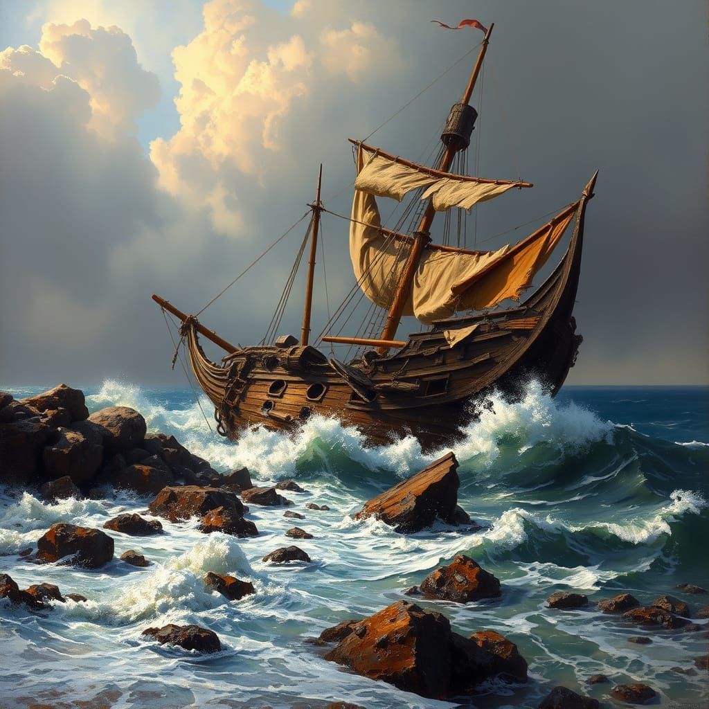 Wrecked Galleon Seascape in Romantic Style