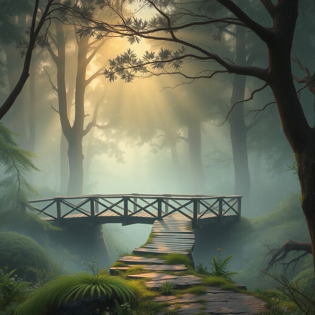 Whispering Woodland Bridge in Atmospheric Watercolor Style