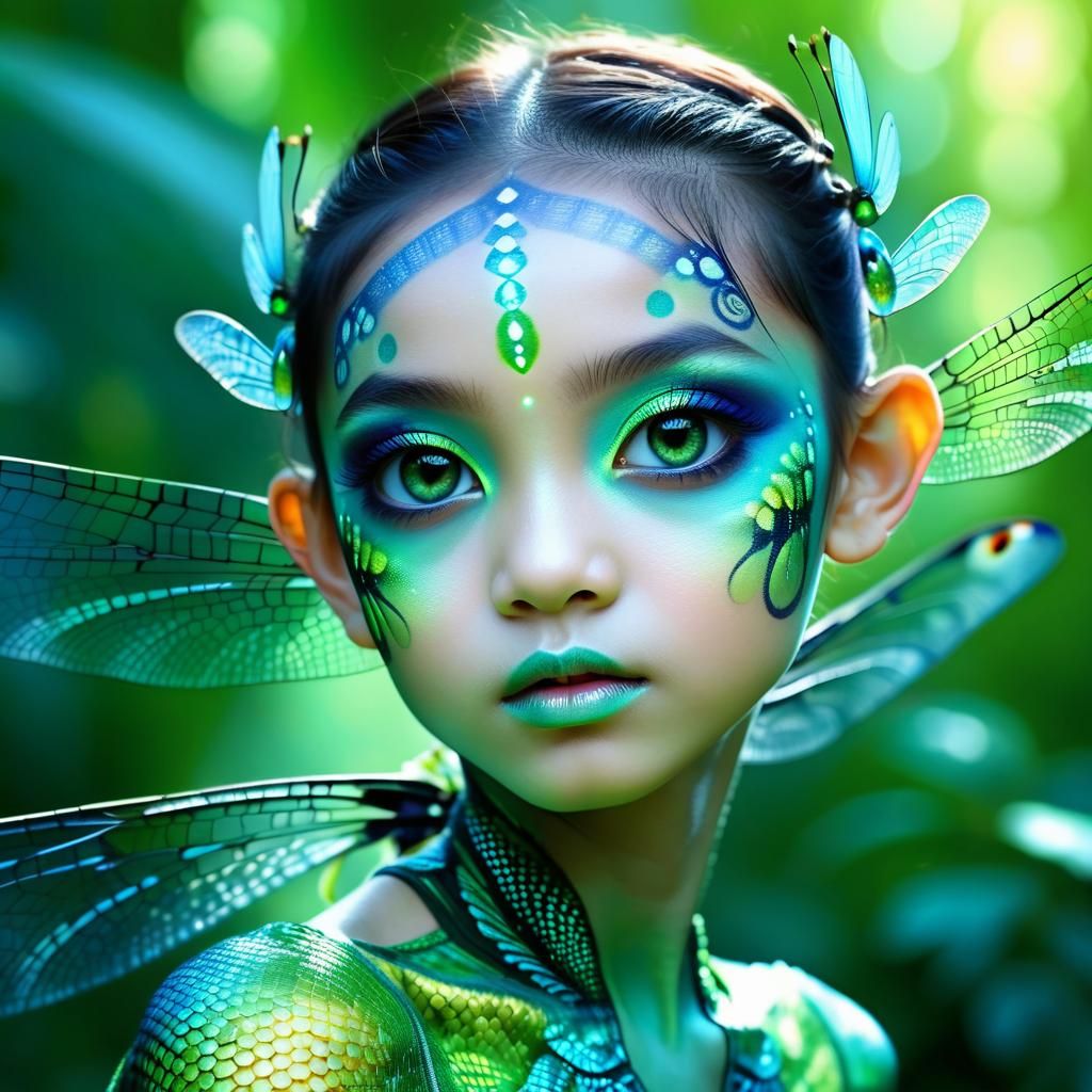 Opalescent Dragonfly Goddess in Jungle Setting
