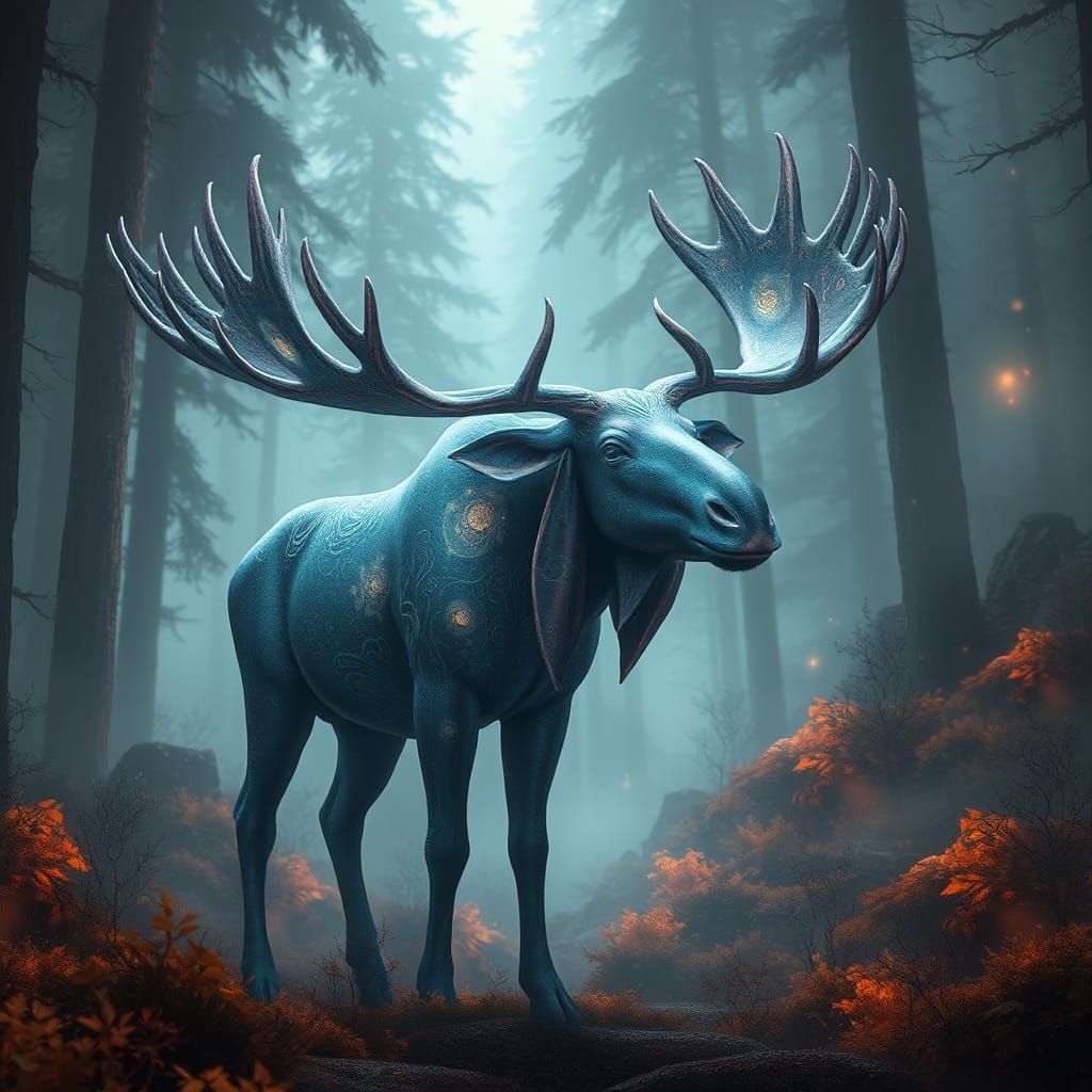 Ethereal Moose in a Mystical Forest Landscape