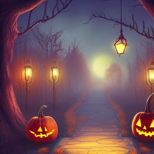 Halloween Castle Path with Black Cat, Fantasy Art