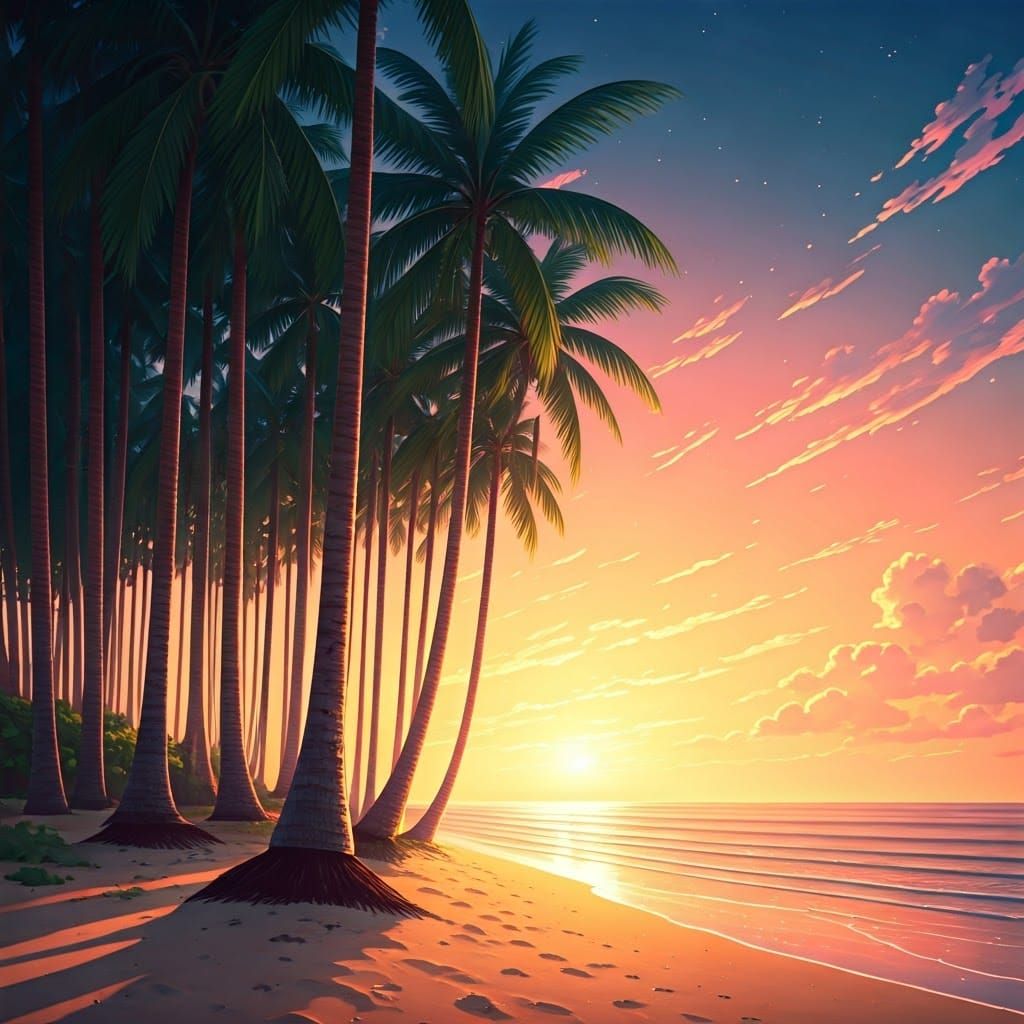 Palm Trees at Sunset in Anime Style
