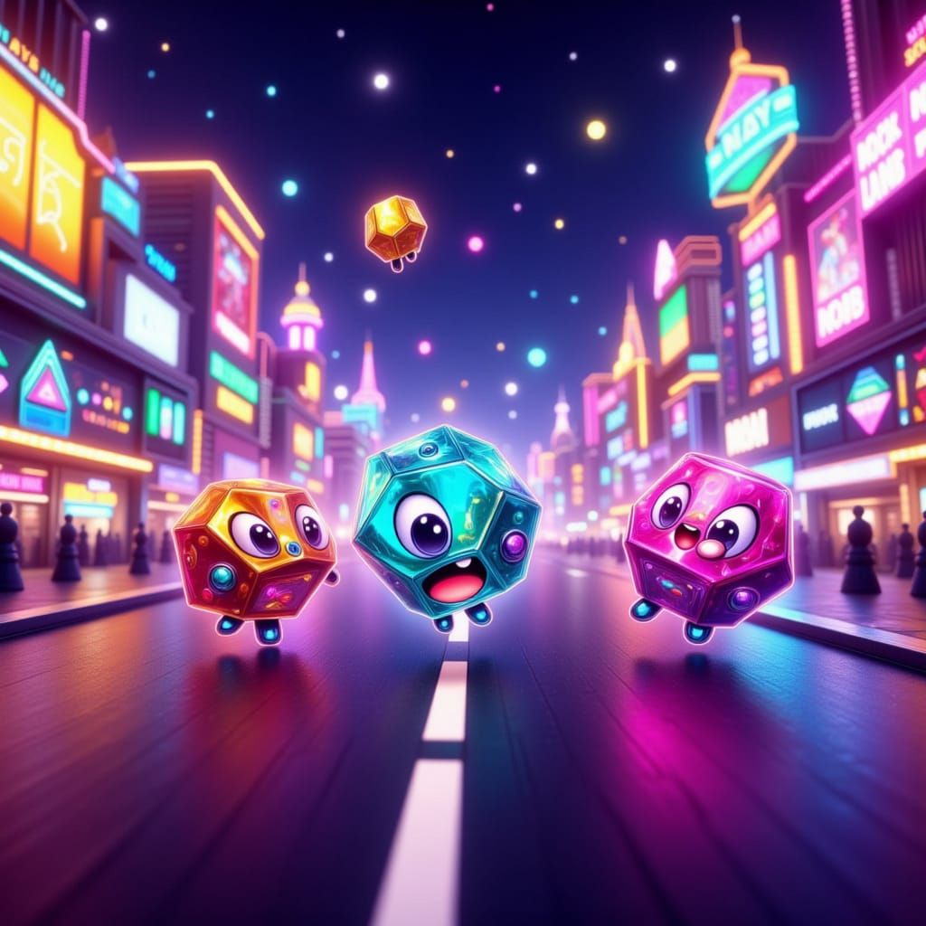 Joyful Cartoon Dice Explore Neon Las Vegas Strip