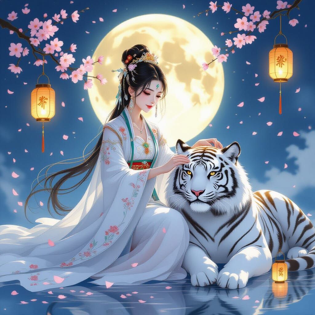 Chinese Princess with White Tiger Under Moonlight