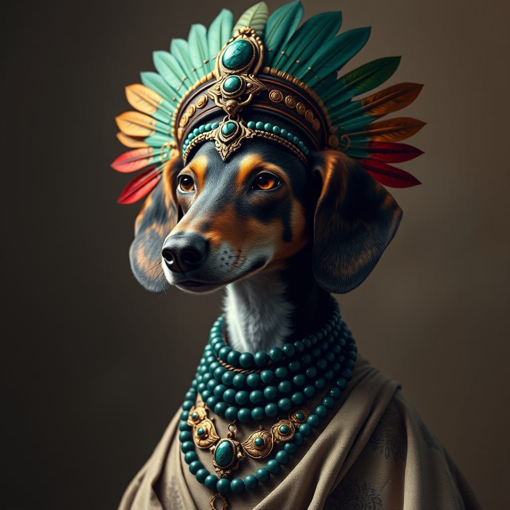Regal Galgo Dog in Olmec-Inspired Ceremonial Portrait