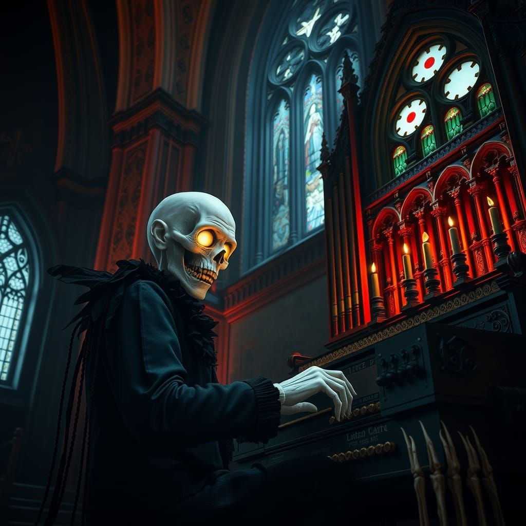 Gothic Ghoul Plays Organ in Eerie Church