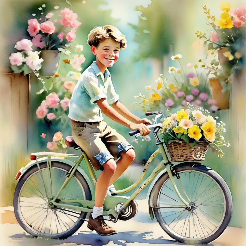 Boy on Flower Bicycle in Watercolor Style