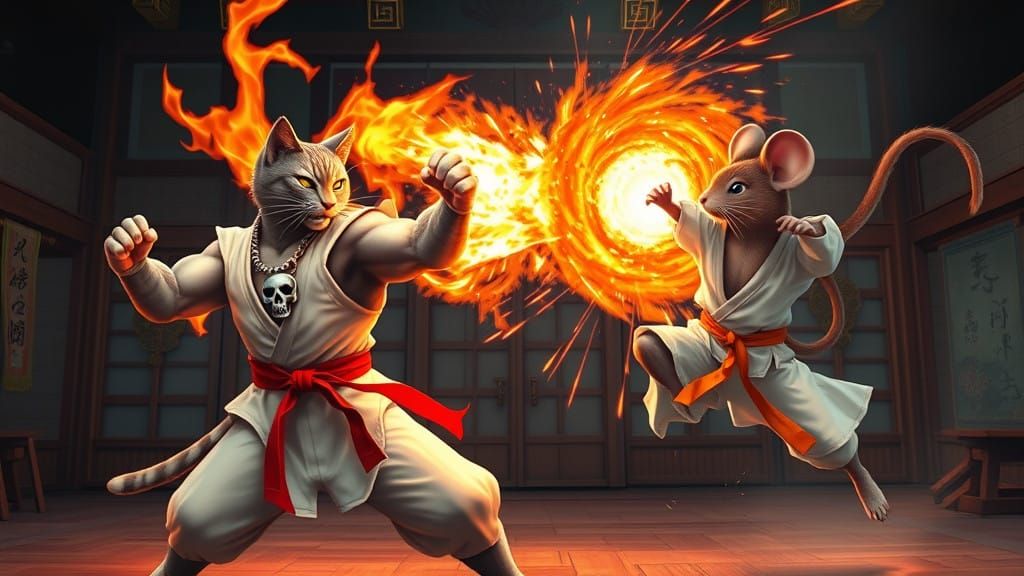Epic Martial Arts Showdown in a Traditional Japanese Dojo