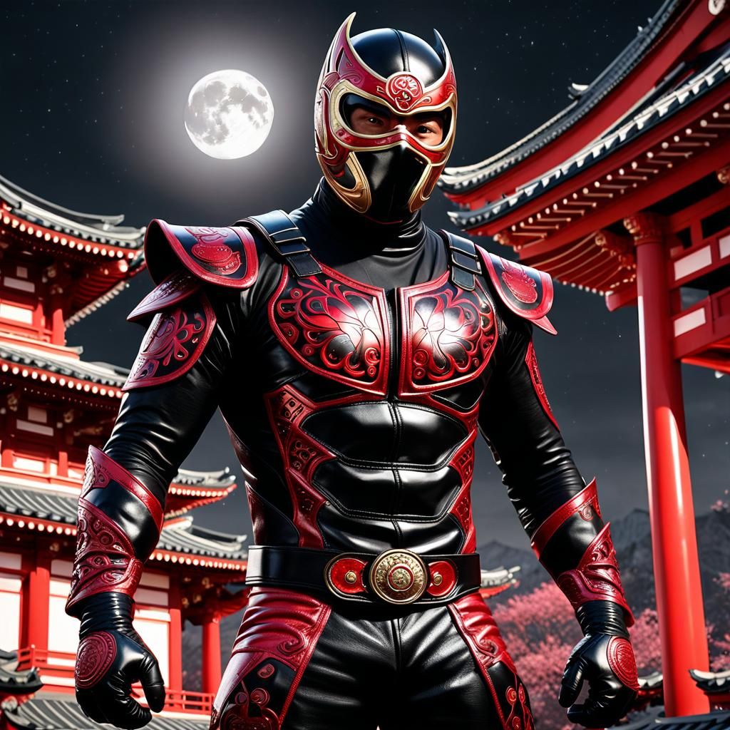 Masked Ninja Luchador Champion on Temple Roof