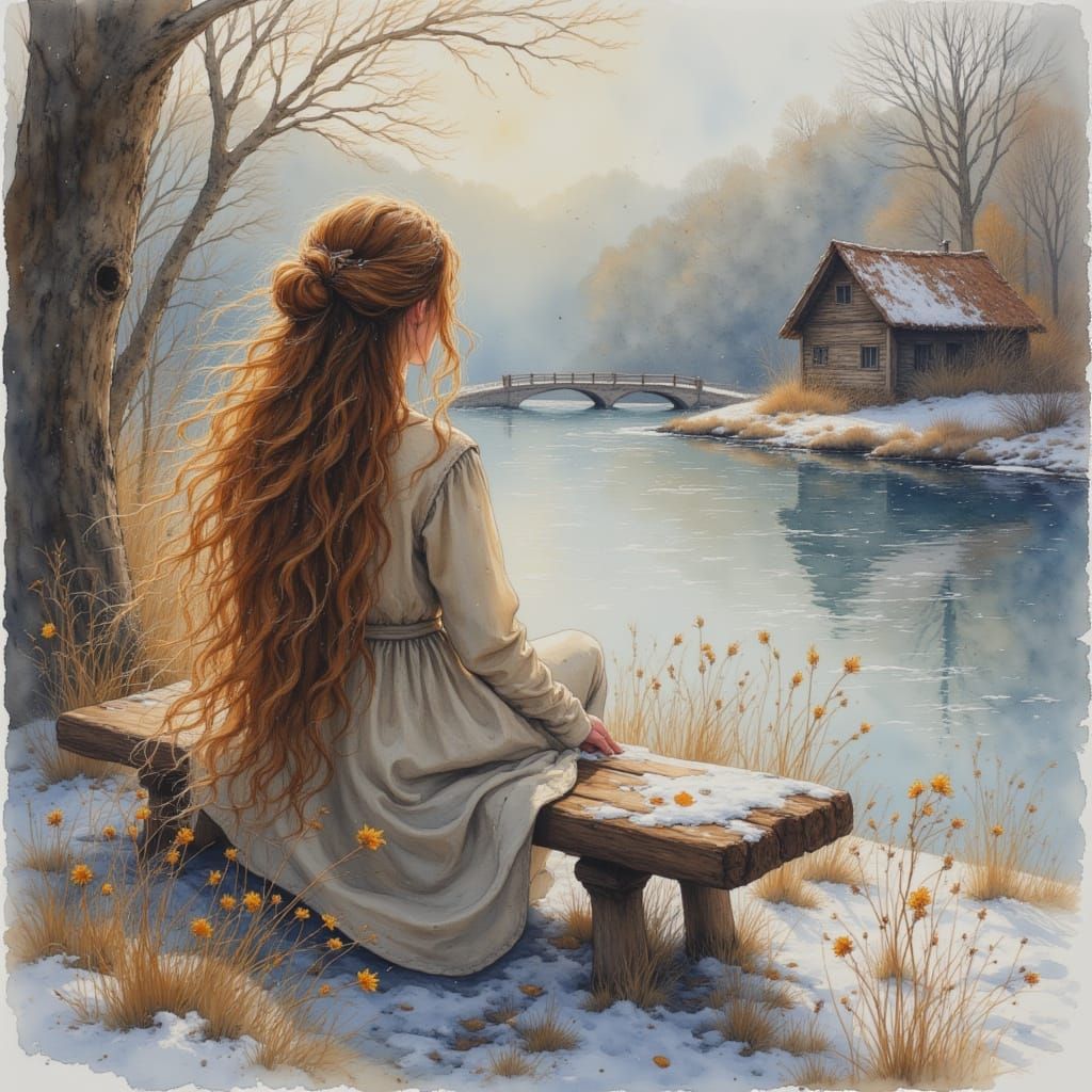 Dreamy Woman in Winter Landscape with Rustic House