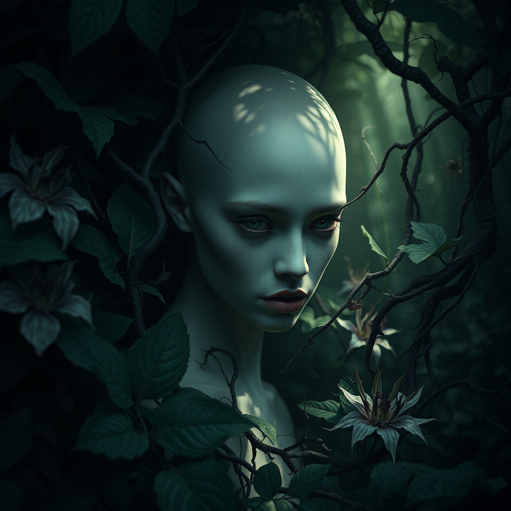 Ethereal Woman Emerges from Carnivorous Forest