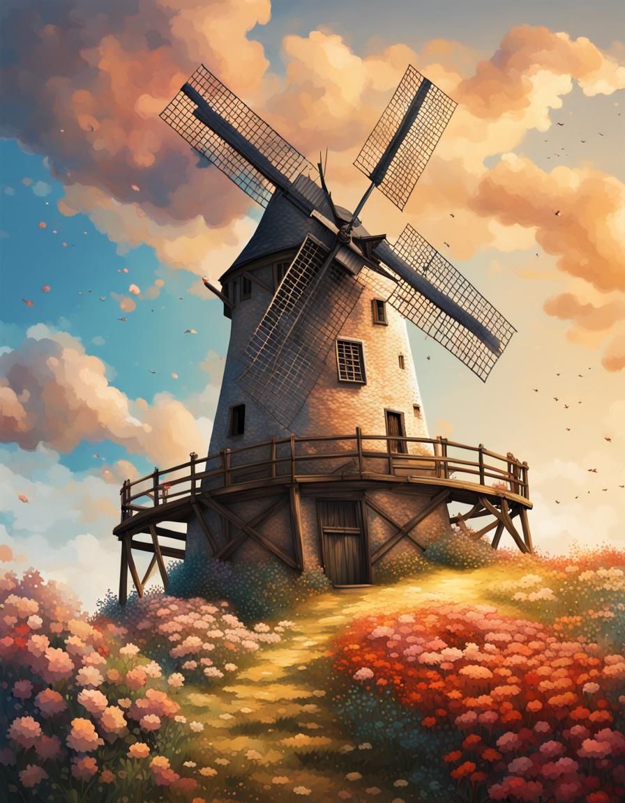 Renaissance Windmill on Floral Hill: Hyperrealistic Art