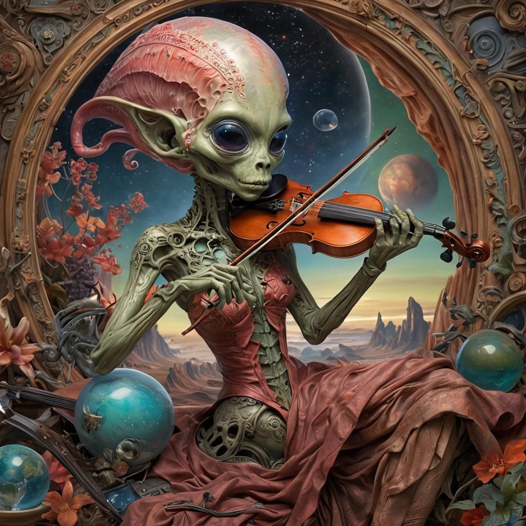 Tattooed Explorer on Alien Planet with Violin
