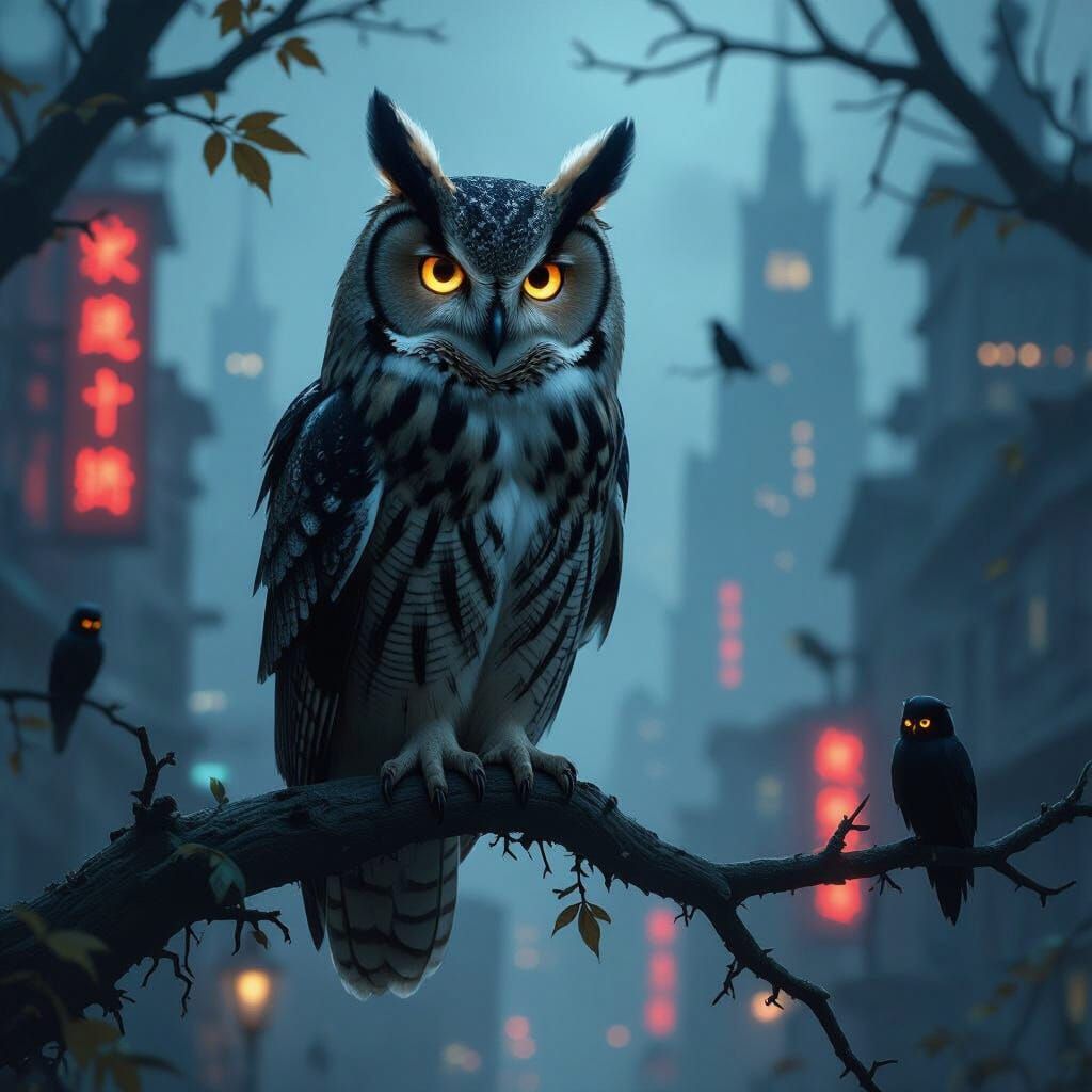 Cyberpunk Owl: Gothic Horror in a Futuristic City