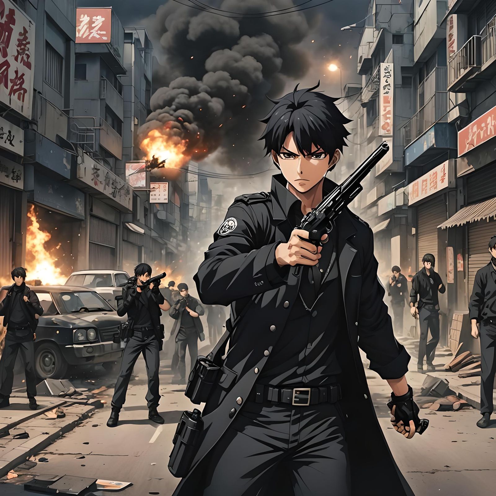 Anime Bad Boy with Gun in Burning Street
