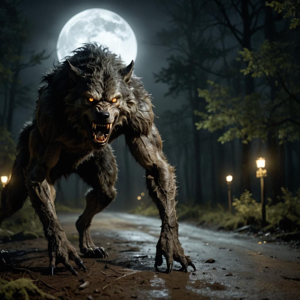 Werewolf Emerges from Misty Forest in Dark Fantasy Style
