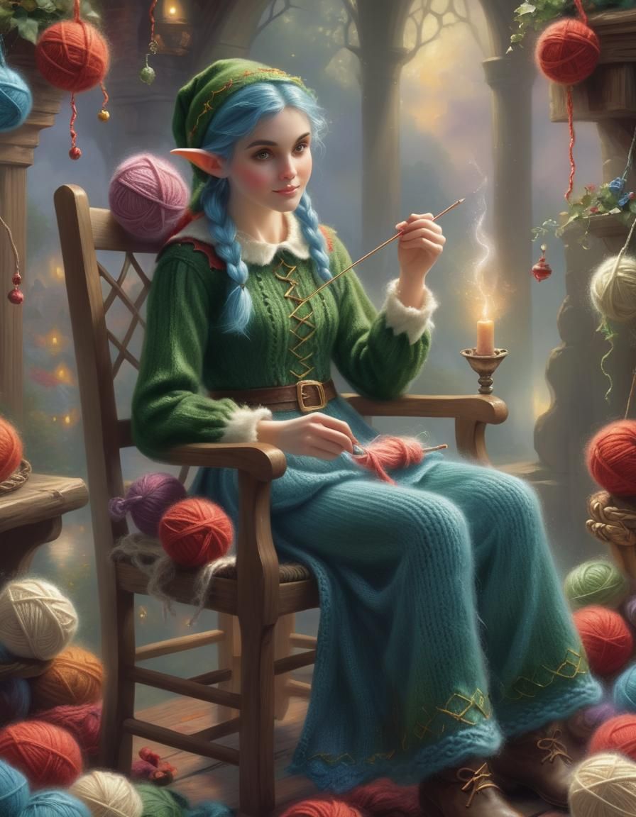 Young Elf Knitting in Ethereal Fantasy Style