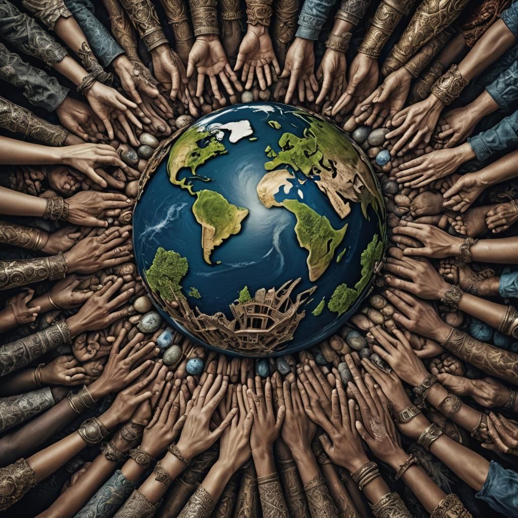 Earth with Inhabitants Holding Hands in Hyperrealistic Style