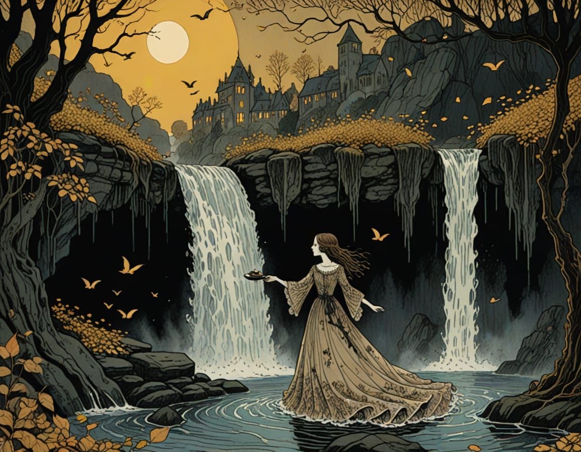 Miniature Girl Floats Down Waterfall in Gorey Style