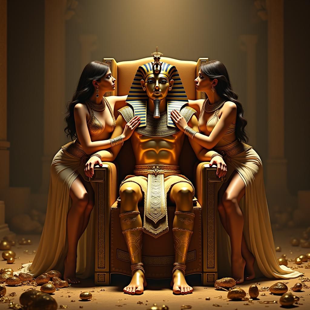 King Tut in Pyramid with Women: 3D Rendered Art