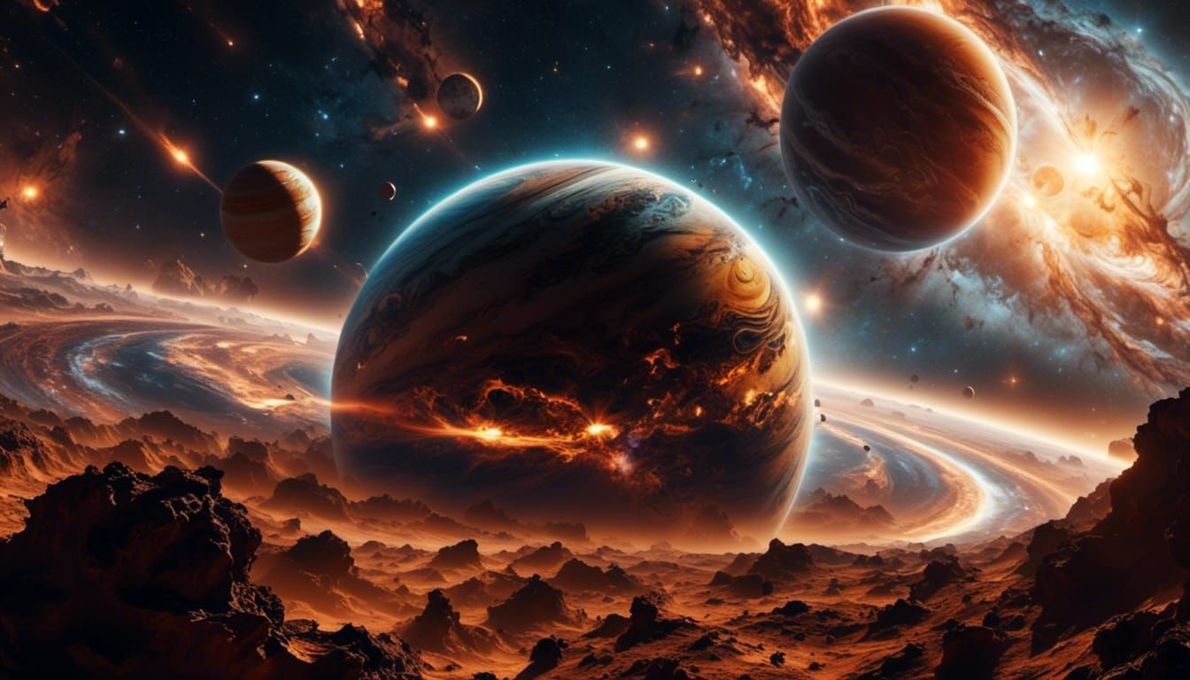 <lora:Cosmic Landscapes:1.0> <lora:SuperHyperrealism:1.0> binary suns setting on jupiter