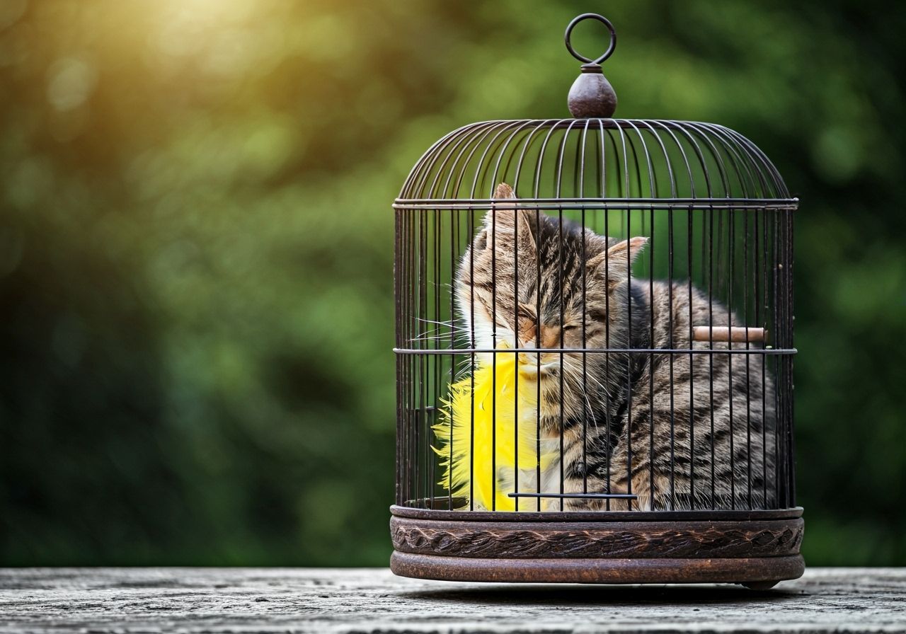 Shameful Cat Trapped in Birdcage with Feather