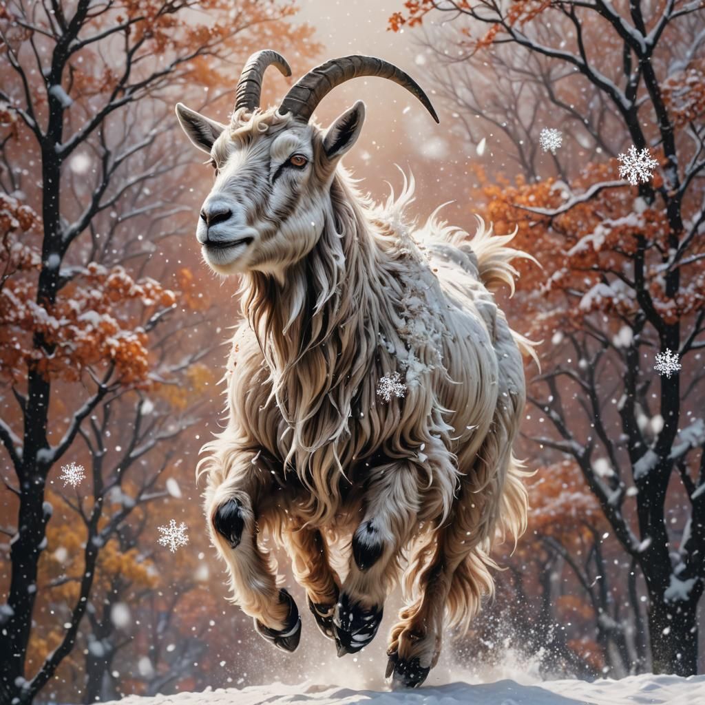 Snowflake Goat Leaping in Summer Snowfall