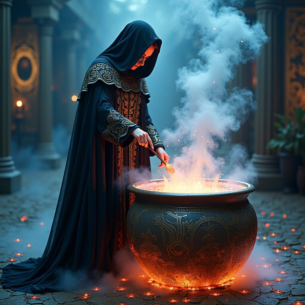 Mystical Sorceress Stirring a Vibrant Witches Brew
