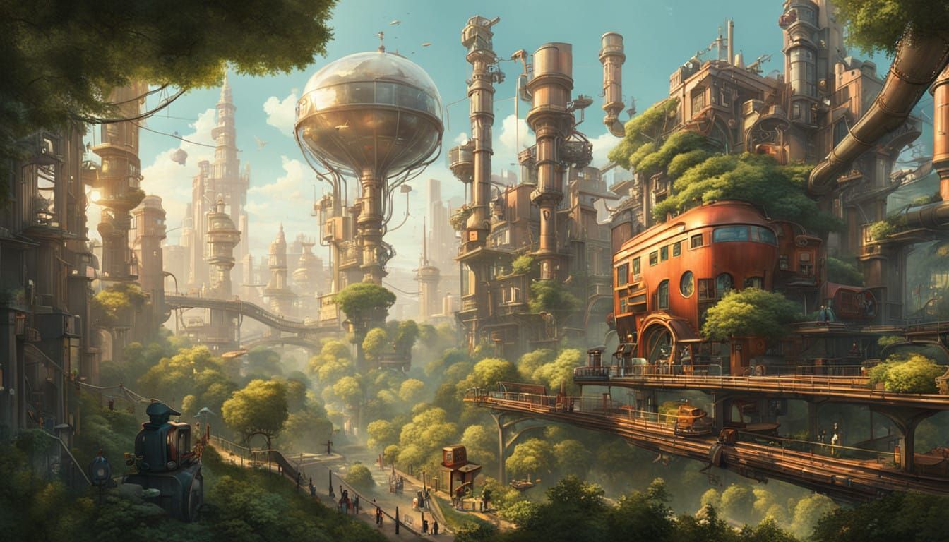 Eco-Futuristic Utopia Blends Solarpunk and Steampunk
