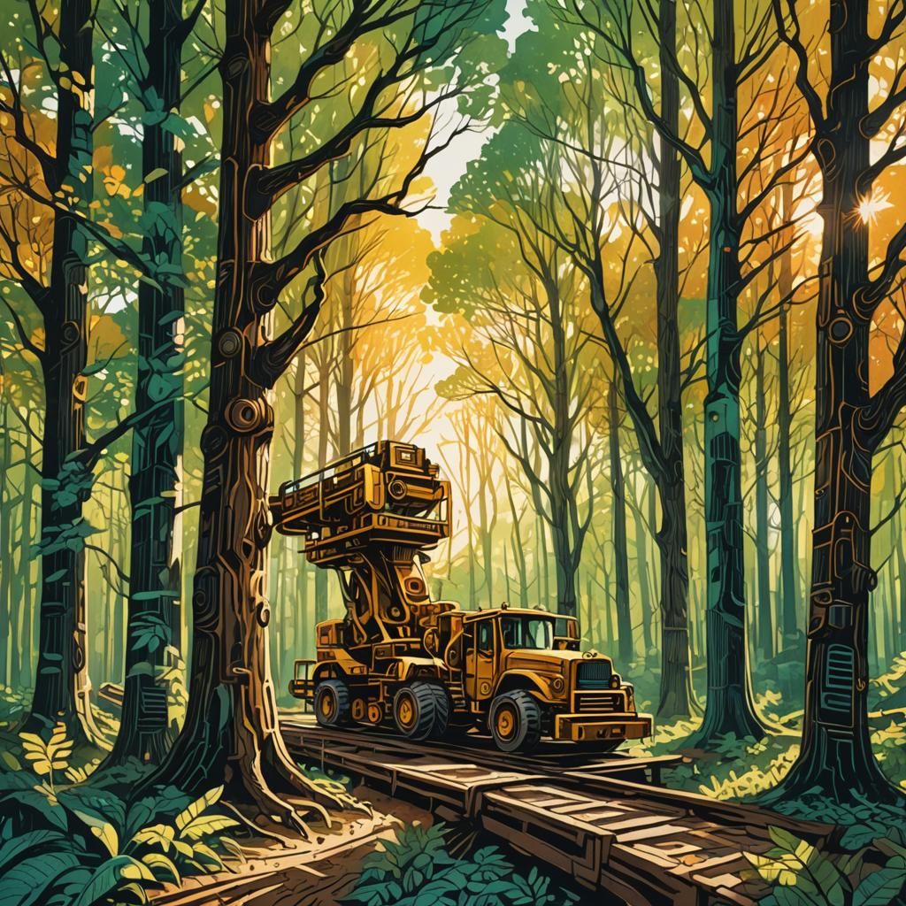 Trees and Machinery Intertwined in Forest, Watercolor Style