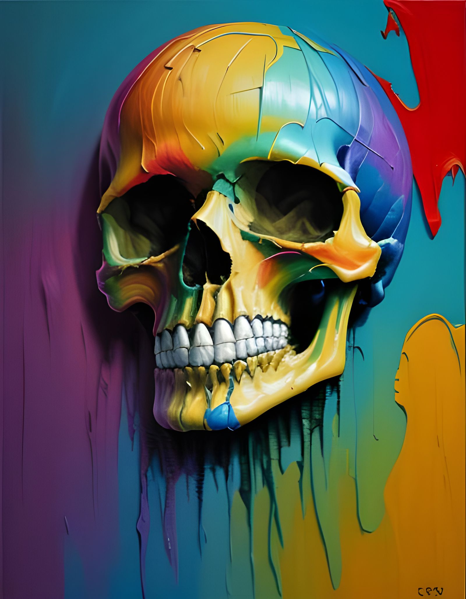Colorful Skull: Neo-Impressionist Expressionist Oil Painting