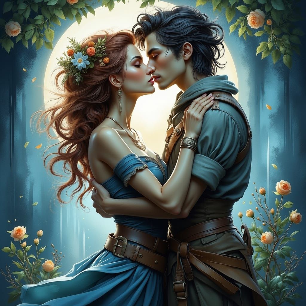 Dreamy Blue Fantasy Couple Under Moonlit Embrace