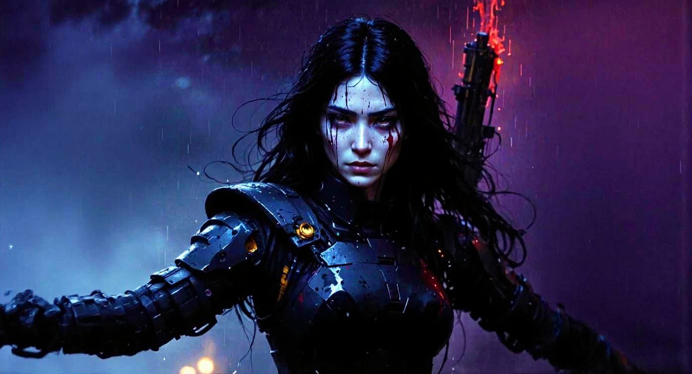 Robot Woman in Downpour: Dark Fantasy Art