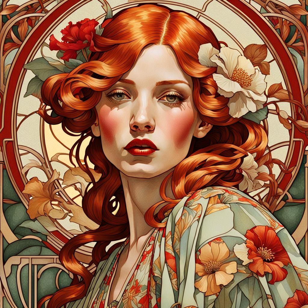 Elegant Art Nouveau Portrait with Red Hair