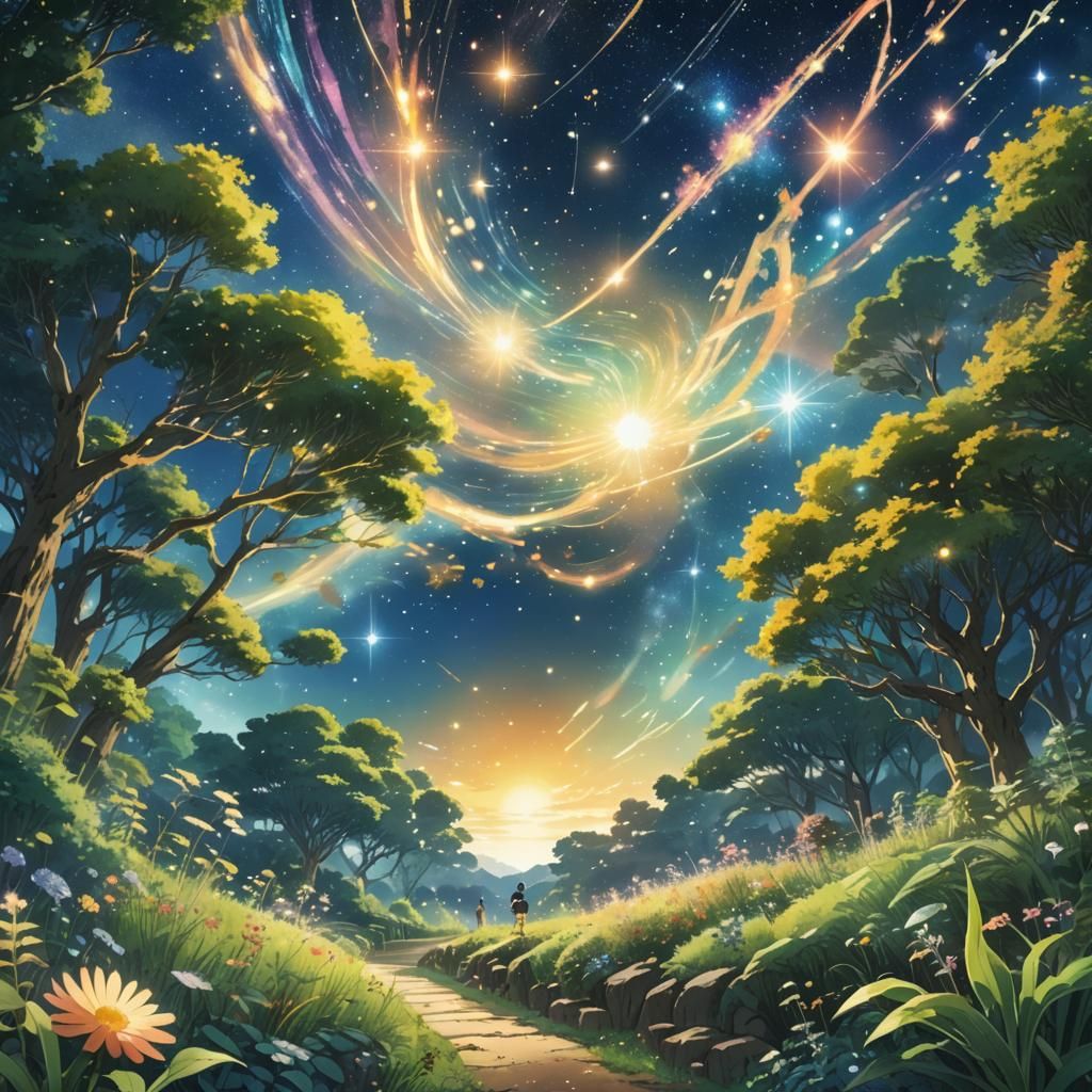 Celestial Gardeners in Anime Watercolor Style