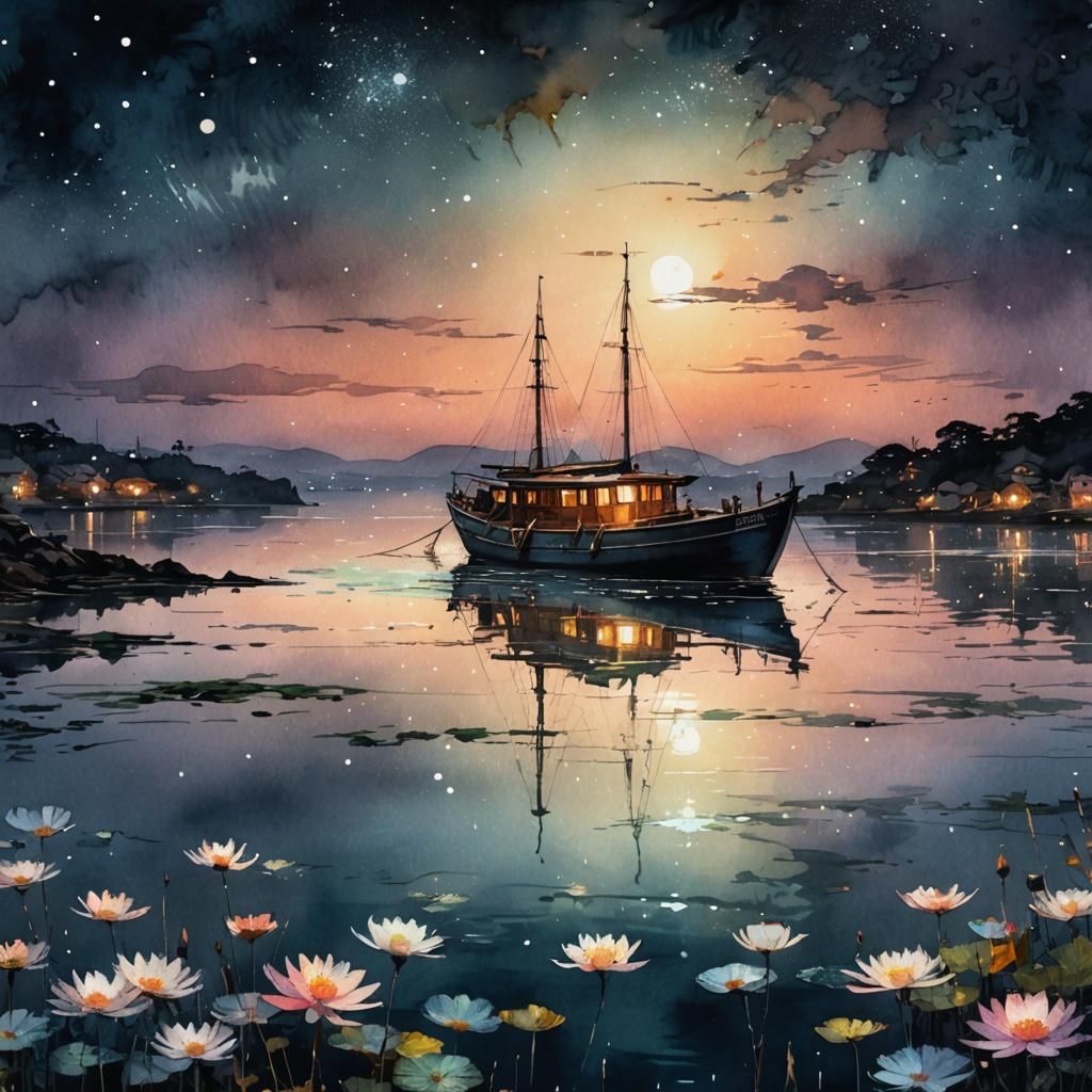 Moonlit Boat: Digital Watercolor Summerscape